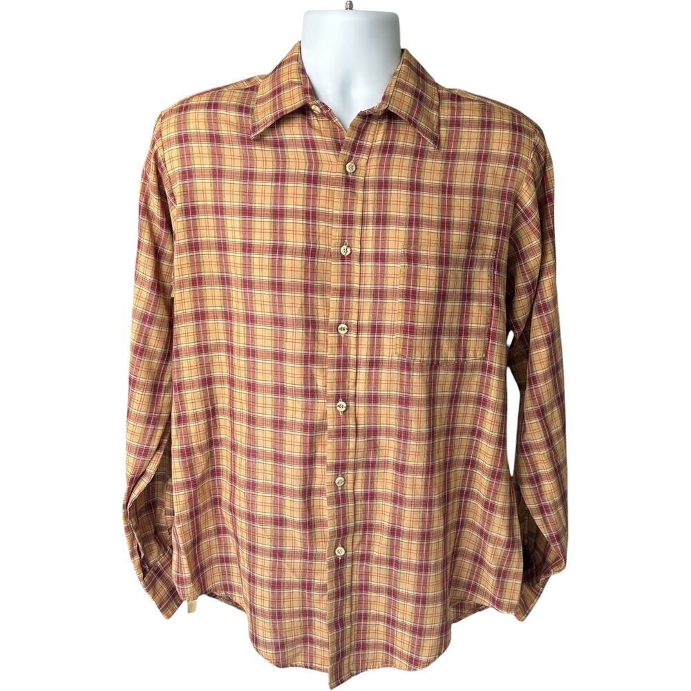 Van Heusen 417 M Vintage Plaid Shirt Gold Burgundy Classic Retro Grandpacore